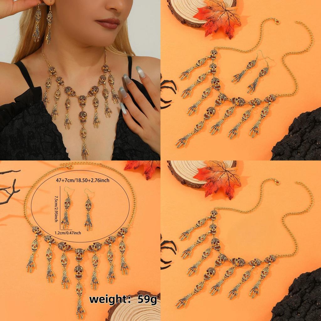 Halloween Skeleton Pendant Necklace And Earrings With Geometric Design For Women