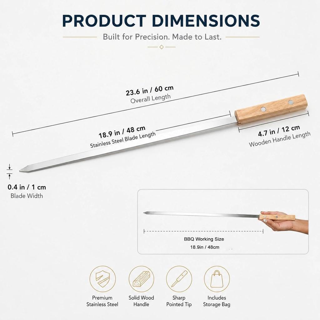 IMEEA Stainless Steel BBQ with Wooden Flat Long for and Outdoor with Storage Skewers, 10-Piece Set, 60cm, Handles, Design, Skewers, BBQ, Camping,