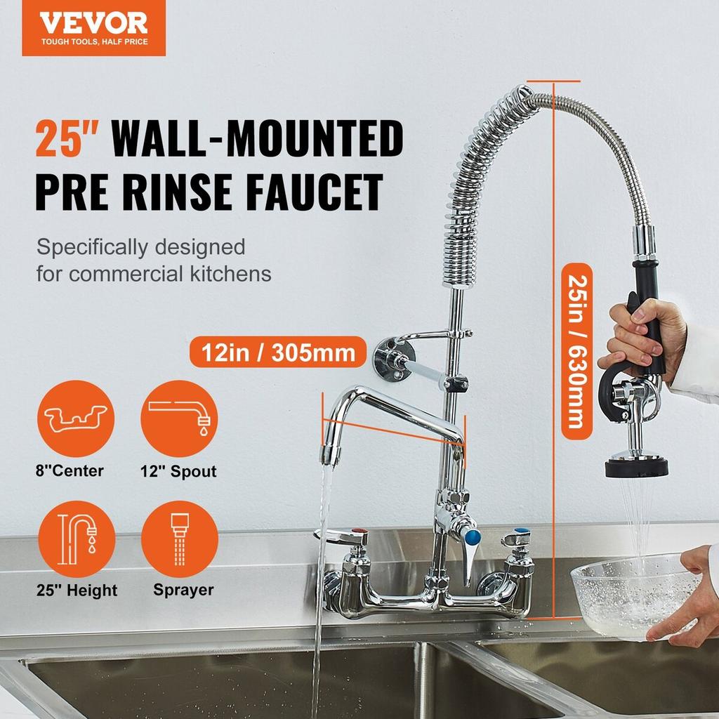 Commercial Faucet with Pre-Rinse Sprayer, 25" Height, 8" Center, 12" Swing Spout, Wall Mount Kitchen Sink Faucet, Brass Constructed Device with Pull