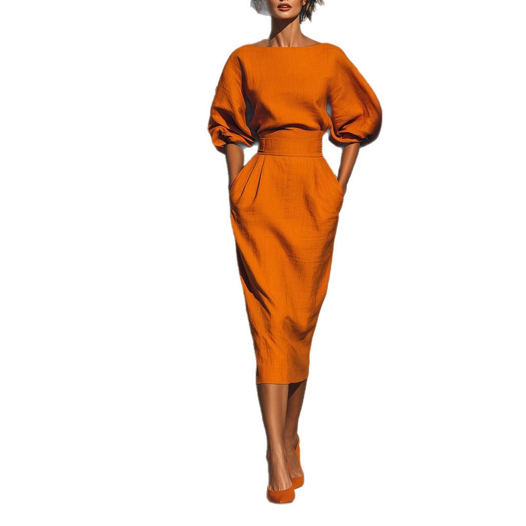 Women's Elegant Boat Neck Puff Sleeve Dress & High-Waisted Pleated Skirt - Retro Spring/Autumn Style