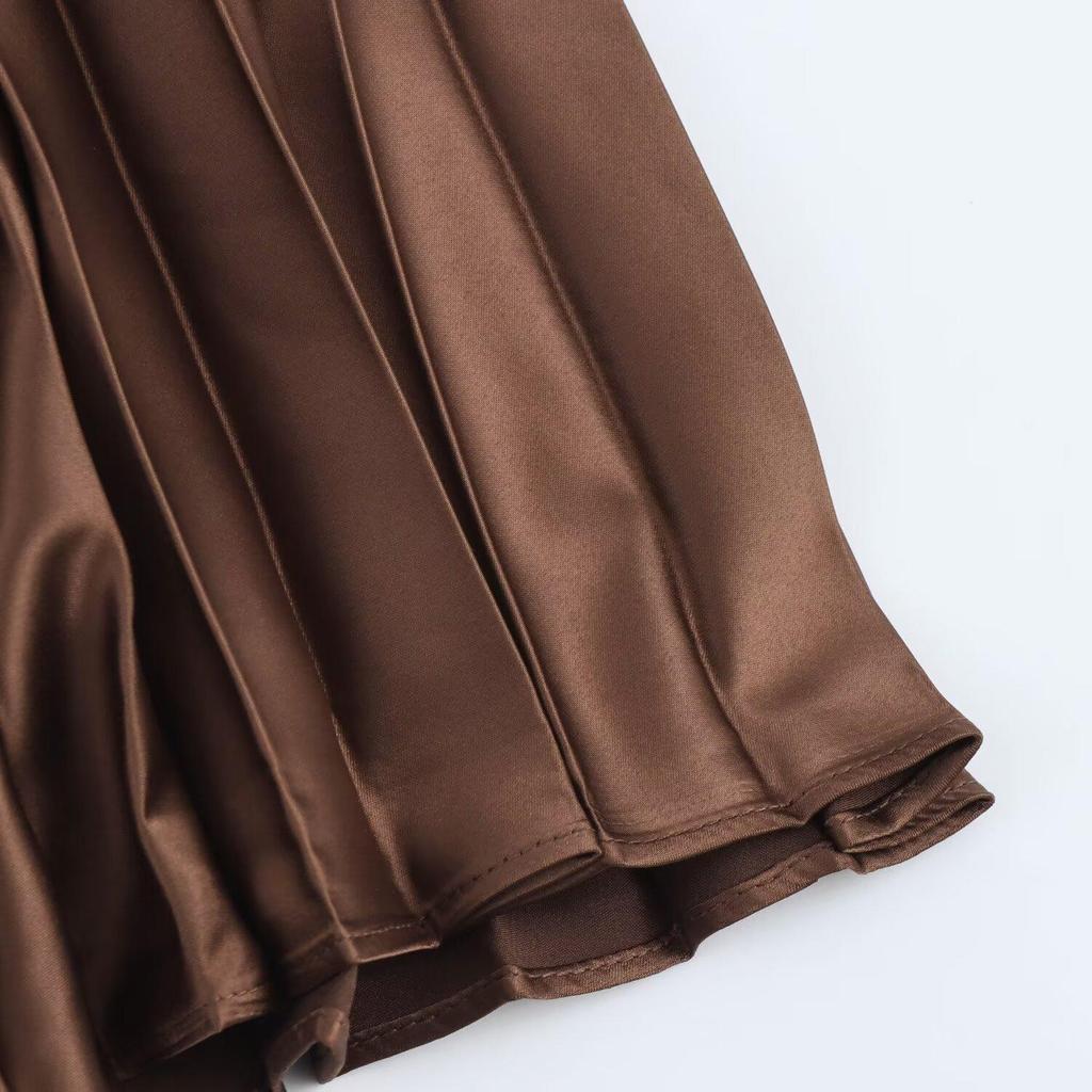 2025 Spring Women's European & American Silk Satin Midi Pleated Skirt