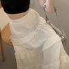 Women Maxi Skirt Elastic High Waist A-Line Skirt Solid Color Hollow Crochet Flower Pattern Ruffle Stitching Cake Skirt