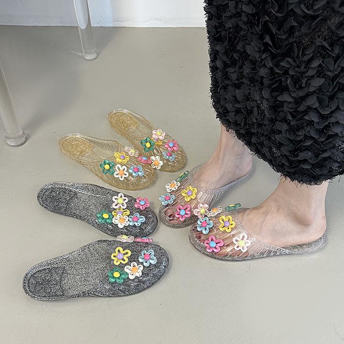 Fairy Wind Sweet Bow Sandals Crystal Shoes Flower Bag Head Cool Slippers Women's Summer Fashion Beaded Flat Slippers