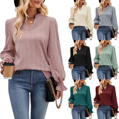 Topuri cu mânecă lungă de tricotat jacquard pentru femei, ocazional, de culoare solidă, cu decolteu în V, largi, primăvară, toamnă, tunică, tricouri, îmbrăcăminte de birou