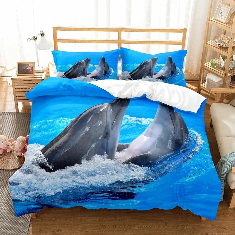 Fashion Blue Dolphin Duvet Cover Set Cute Aniaml Bed Linen Pillowcase Luxury Home Texitle Queen Full Size 3D Bedding Sets Sea