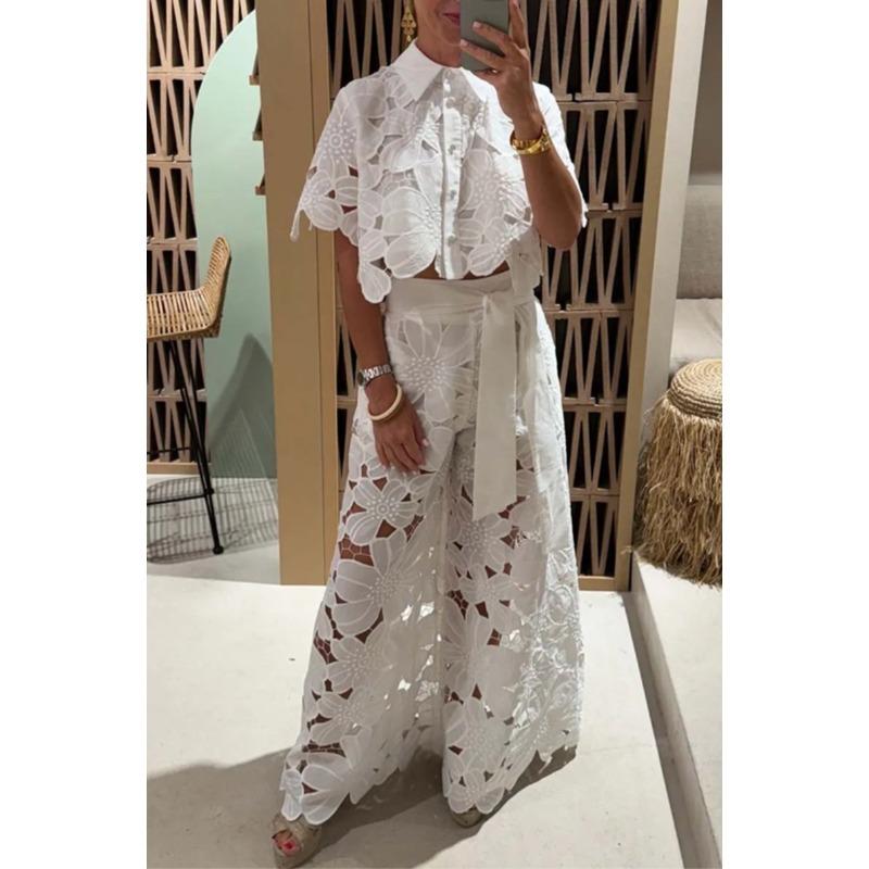 

women s Hollow Out Floral Lace Cropped Shirt Wide Leg Pants Set Elegant Collared Two Piece Outfit S белый
