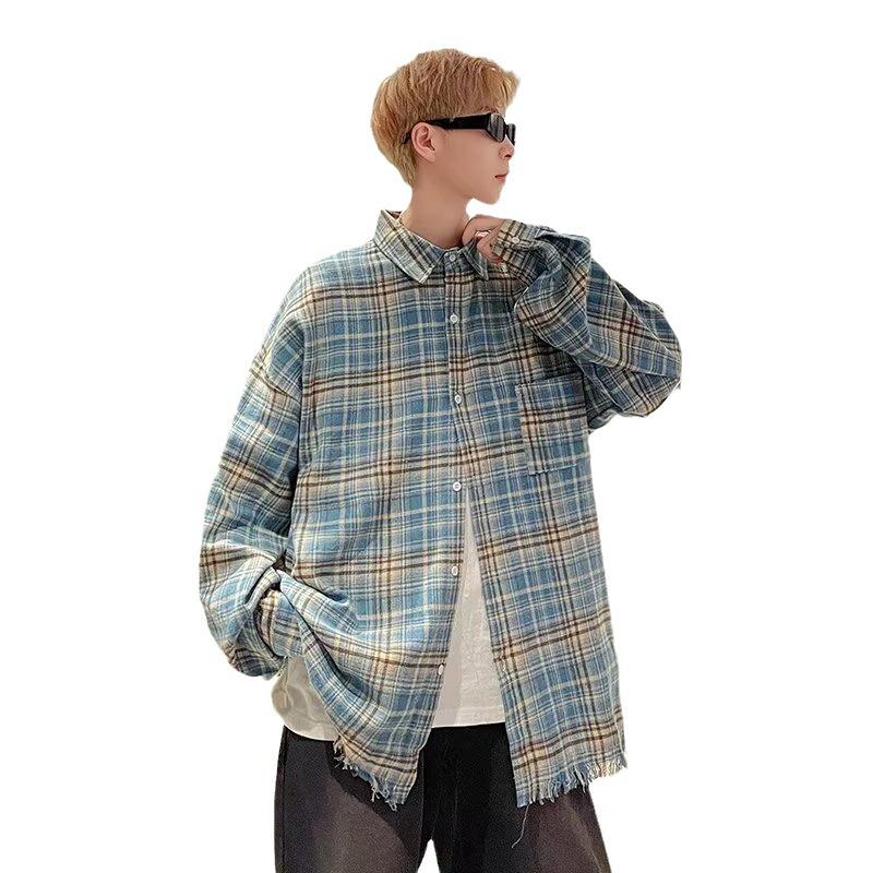 Unisex American Retro Blue Plaid Shirt: Casual, Loose-Fit, Spring/Autumn Style.