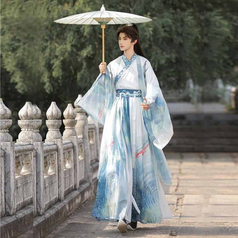 Chinese Wei Jin Dynasty Style Hanfu For Handsome Men, Martial Arts Style Cross Collar Sleeve One-piece Skirt Print Set