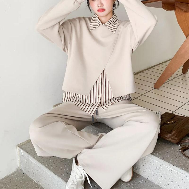 Women Suits Sets Cotton Large Size Vest Shirt Wide-Leg Pants Thickened  Longs Pants Three-piece Oversize 3PC Suit