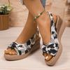 2025 summer new European and American style round head open-toed leopard print one-word buckle women's large size wedge sandals