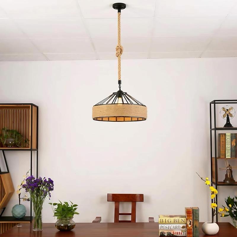 Rattan Pendant Light Vintage Boho Rattan Hanging Lamp Rope Lampshade for Dining Living Room Bedroom Hallway Kitchen Island
