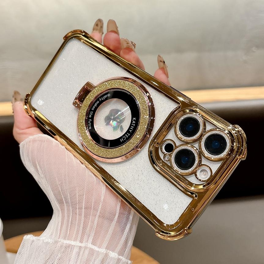 Double Bling Glitter Magsafe Bracket Case for iPhone 16 Pro Max Plus Transparent Plating Cover for iPhone 13 12 11 14 15 Pro Max