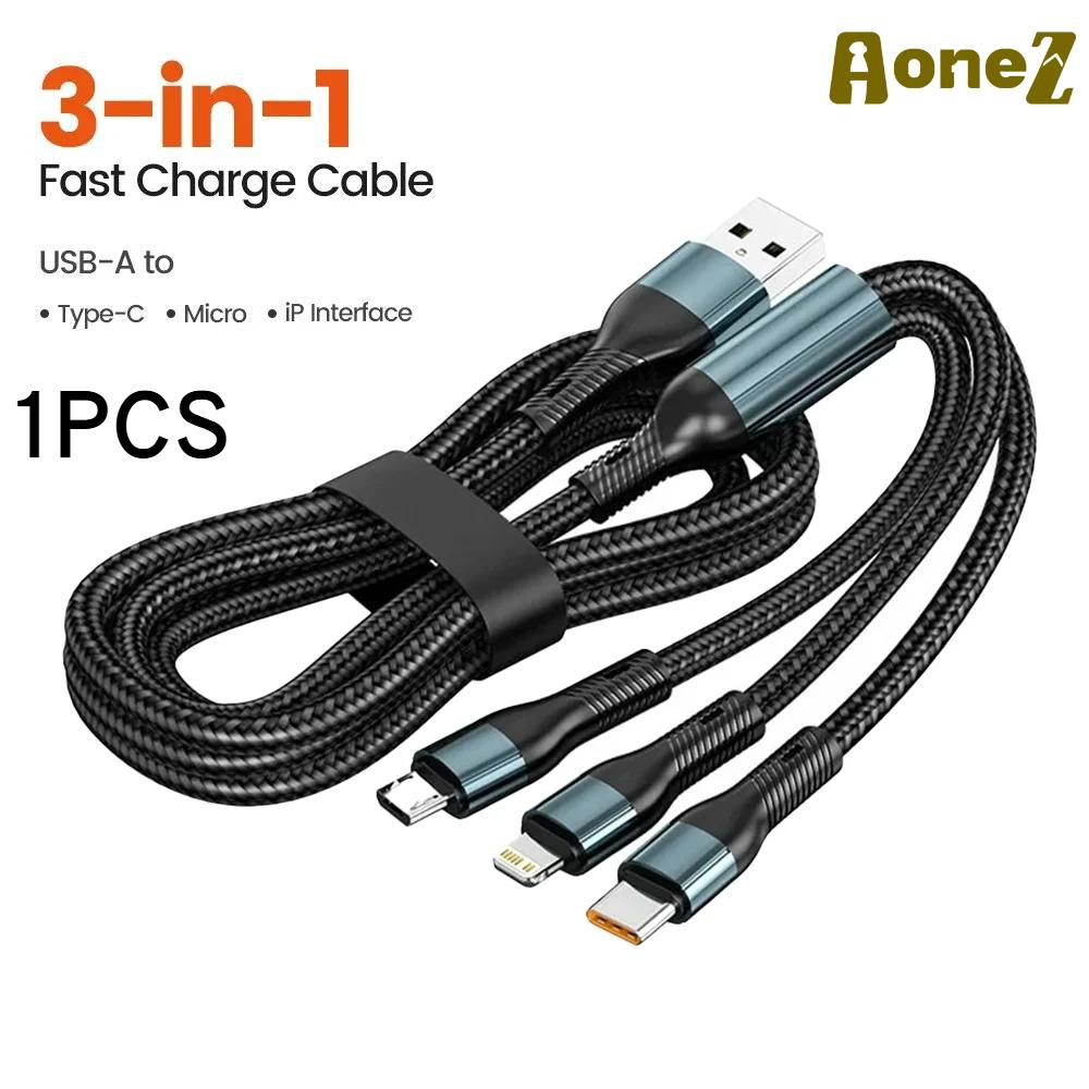 3 IN 1 USB Cable 6A 120W 6A Super Fast Charging 3 in 1 Cable for IPhone 15 16 14 13 12 MacBook Huawei Xiaomi Vivo Oppo