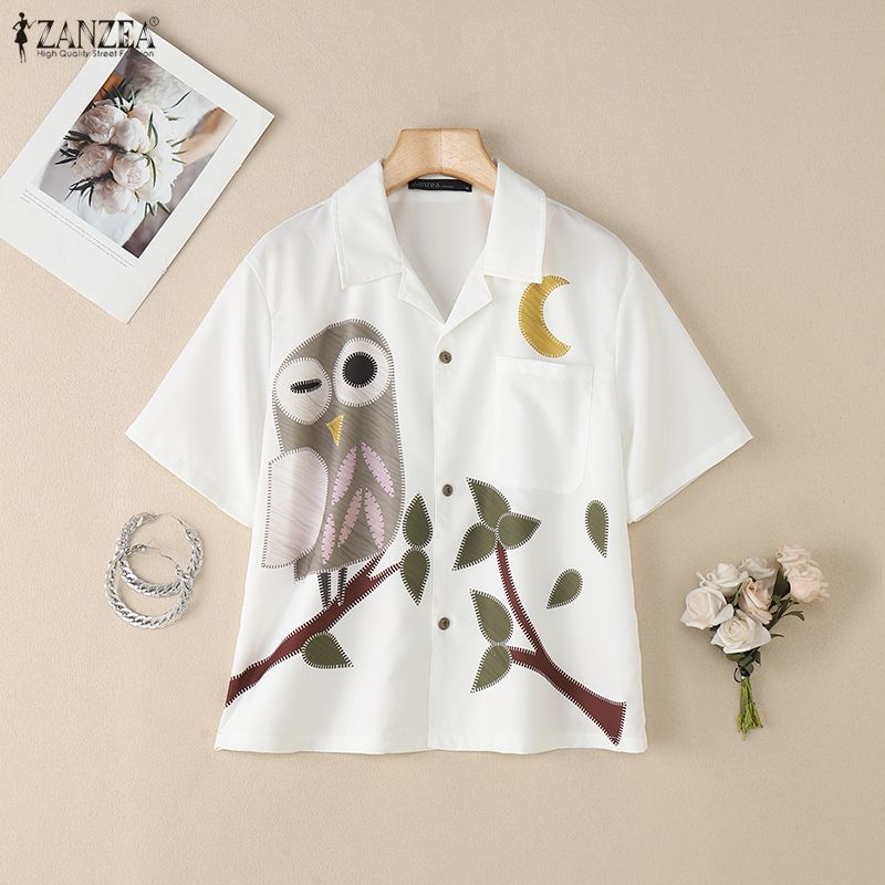 ZANZEA Women Casual Turn Down Collar Loose Short Sleeve Print Blouse