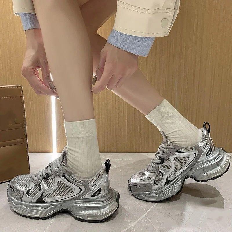 Thick-soled heightening dad shoes women's summer new gray breathable lightweight sports and leisure lace-up shoes tide