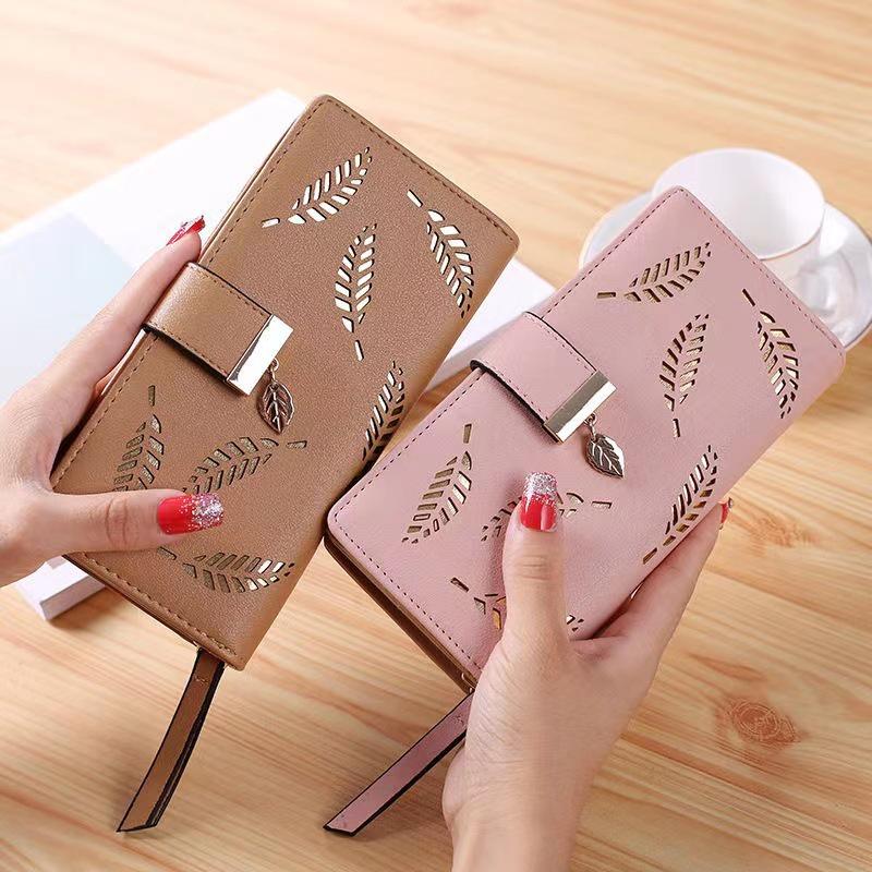 2023 New Ladies Wallet Hollow Leaf Pattern Pu Leather Zipper Closure Long Card Holder