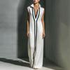 Ärmelloses Damenkleid Stehkragen V-Ausschnitt Langes Kleid Lockere Passform Polyester Elegantes Kleid mit geometrischen Mustern Bedruckt Tägliches Outfit