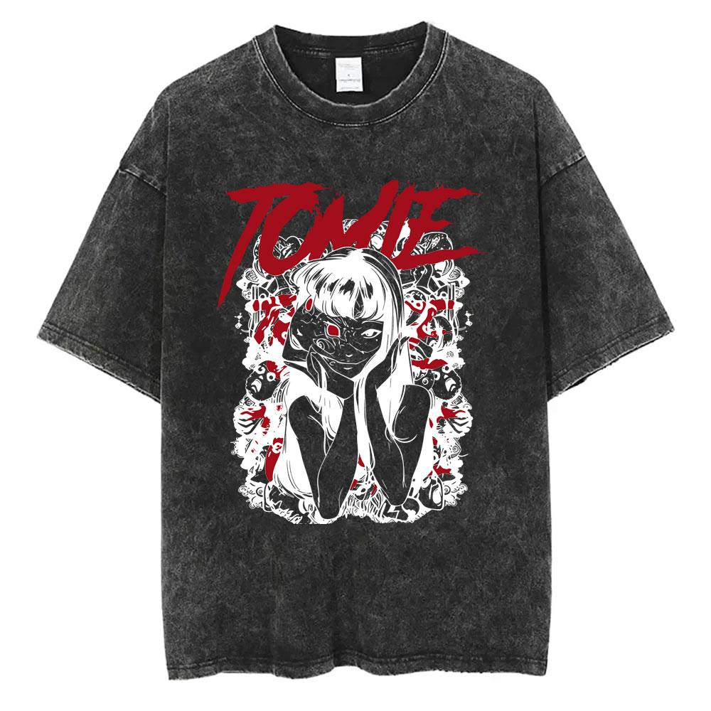 Unisex Washed Vintage Horror Anime Junji Ito Uzumaki Graphic T-shirt Men Women Manga Retro Oversized T Shirt Y2k Casual Cotton T-shirts