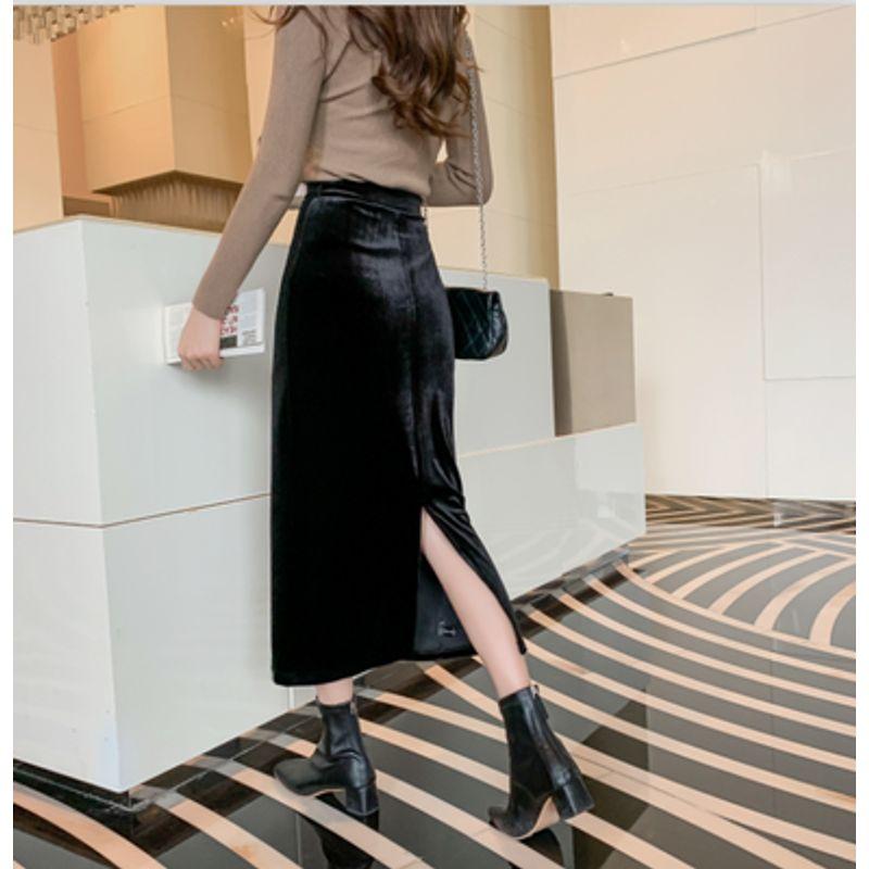 

Spring & Fall Split Retro Mid Length Long Length Gold Velvet Skirt Black Length 80 XS