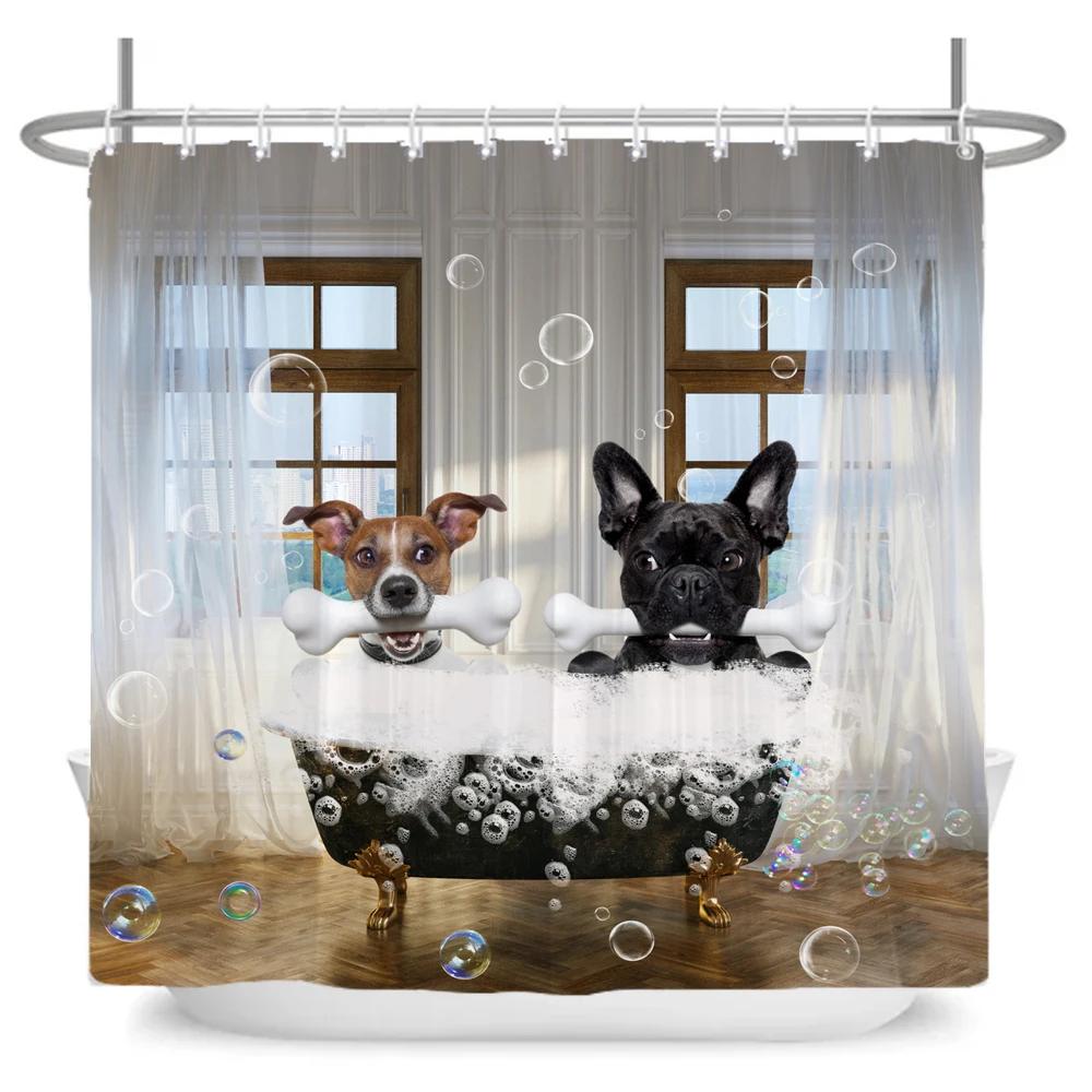 Funny Cute Cartoon Bathing Cat Dog Shower Curtains Bathroom Bathtub Decoration Waterproof Bath Curtain Home Decor with Hooks