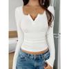 Women's V Neck Long Sleeve Ribbed Top Slim Fit Elegant Solid Crop Top With Lace Button Trim