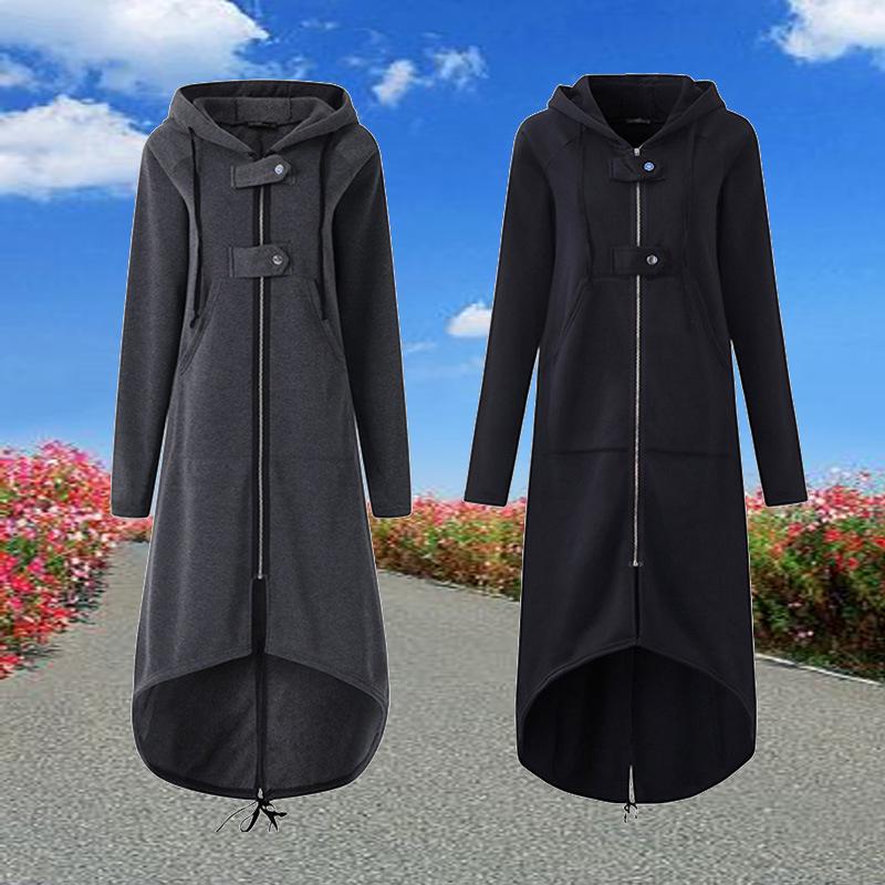 Women Hi-Lo Long Hoodie Coat Jacket Zip Hooded Sweatshirt Tops Outwear Blouse