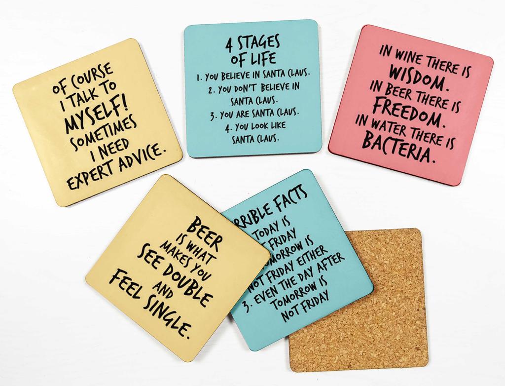 Inkdotpot Set of 6 Drink Coasters Easy Clean 4 Inch Square  Coasters  Cork Base-  Reusable- Funny Bachelor