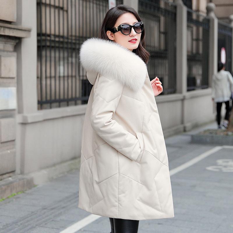 Women's Mid-Length 2025 Winter Sheepskin Down Jacket with Genuine Leather and Fox Fur Hood Collar