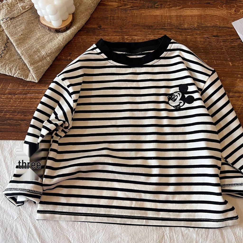 Toddler Striped Cartoon T-shirt: Spring/Autumn 2024 Collection, Round Neck Top for Kids