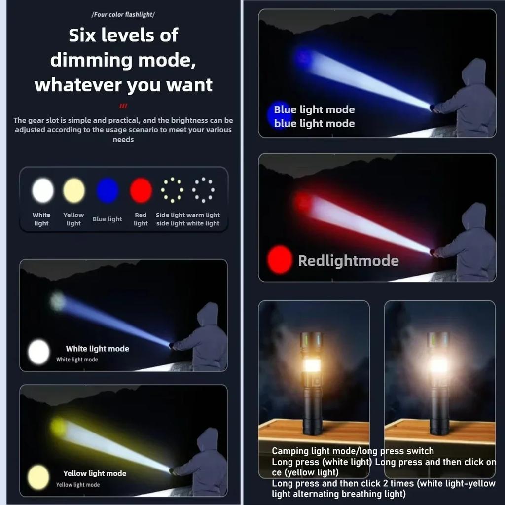 Super Bright 7070 LED Flashlight USB Rechargeable Tactical Zoom Flashlights with Red Yellow White Blue Light Spotlights Torch