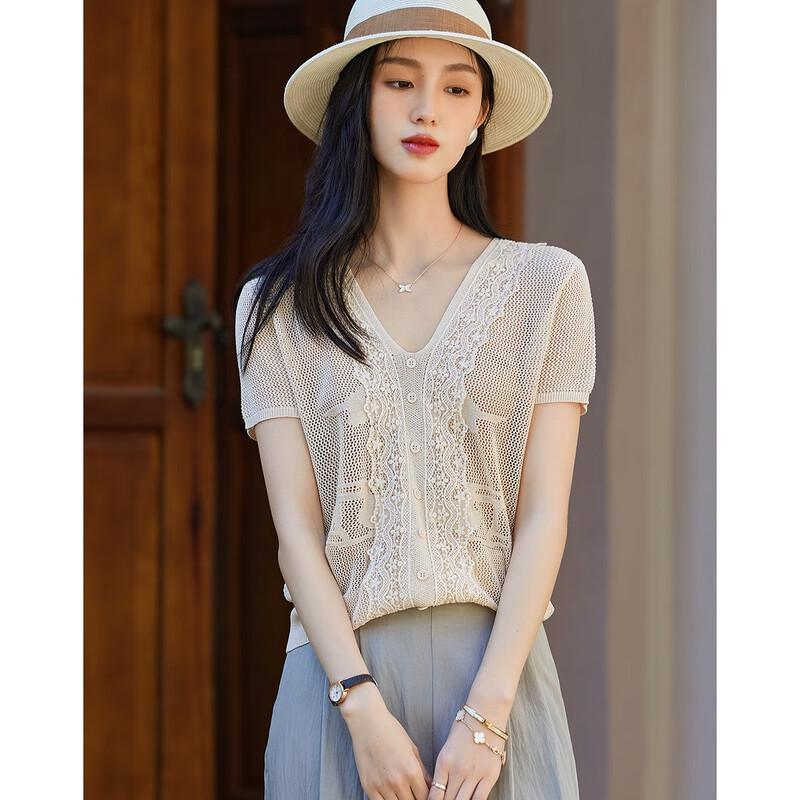 Demana Women's Summer V-Neck Lace Trim Knit Top