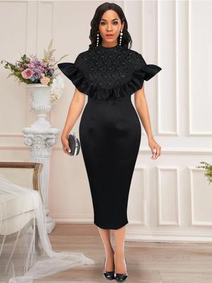Black Dresses Mock Neck Lace Patchwork Ruffles Cape Sleeve Empire Slim Fit Midi Outfits for Women
