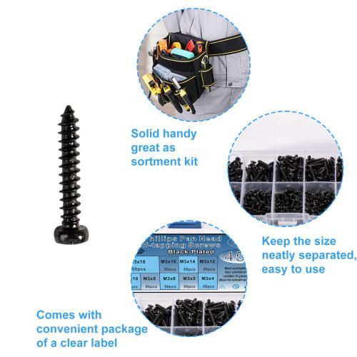 Zmbroll 450pcs Black Wood Screws, M3 Round Head, Self-Tapping Screws, Self-Drilling Metal Screw Kit, Mini Carbon Steel Electronic Screw Assortment