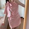 Women's Pink Plaid Halter Dress: Summer Irregular Mini with Bow and Waist-Hugging Design