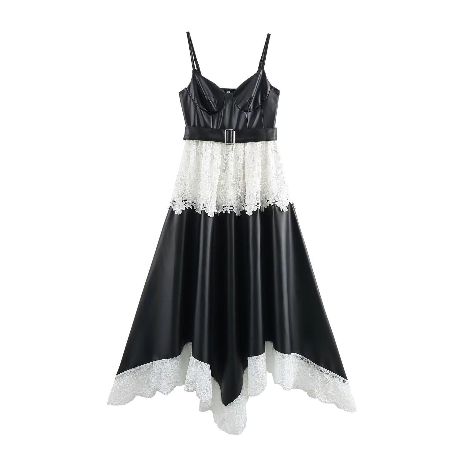 

Весна 2025 Женское Европейский и Американский Стиль Черное ПУ и Белое Кружево Платье-Камисоль L
