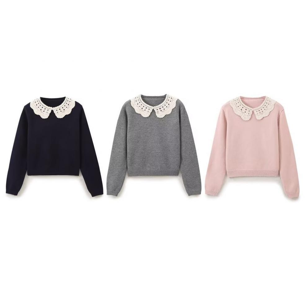 Autumn European & American Women's Color Block Crochet Collar Knit Sweater & Skirt Set