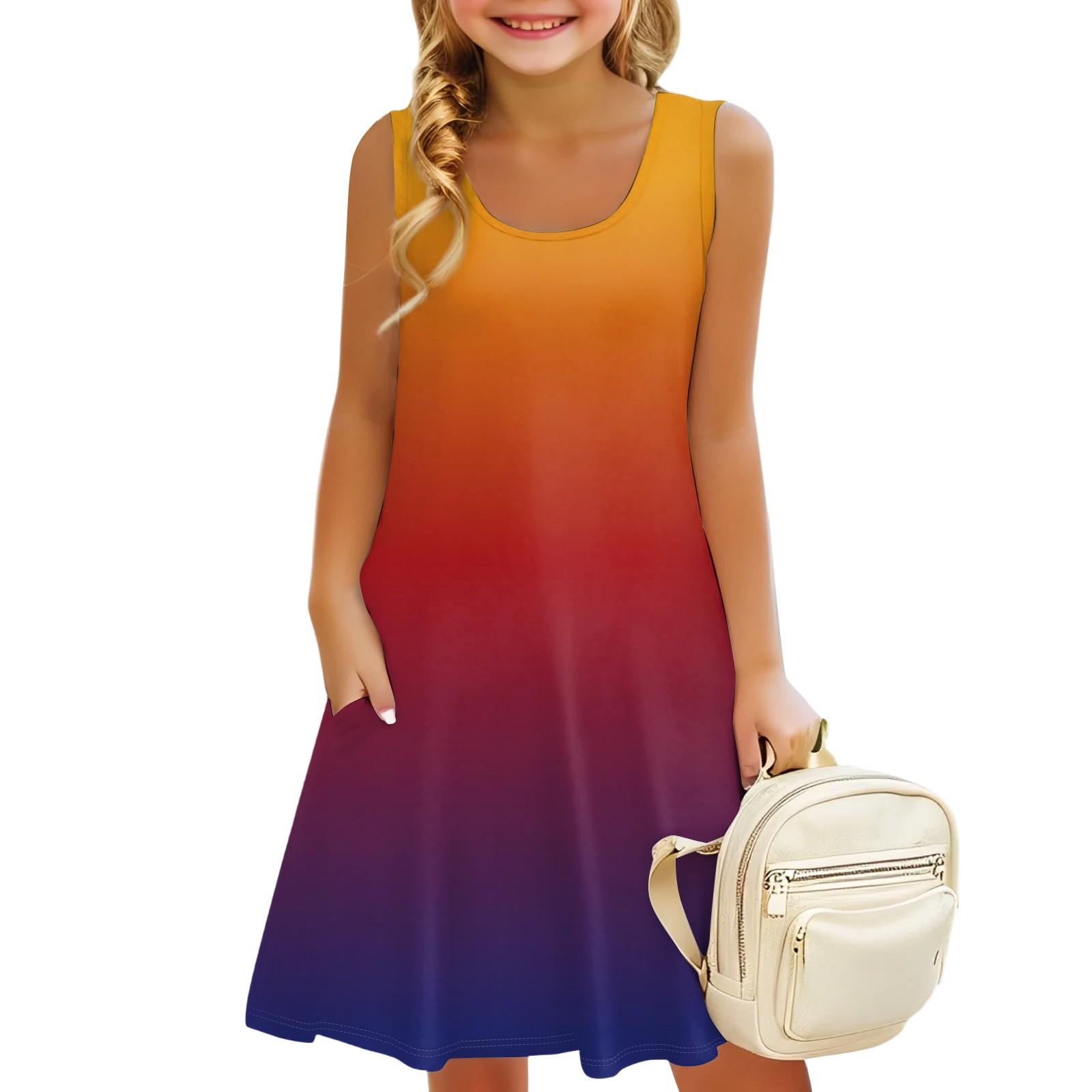 

Детское летнее повседневное платье А-силуэта без рукавов с U-образным вырезом и градиентной расцветкой для отдыха 160 красный