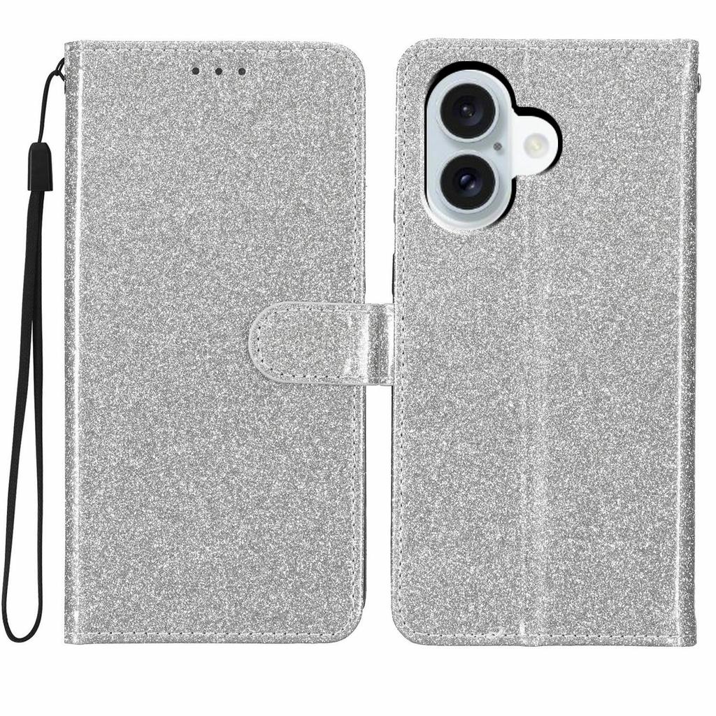 For iPhone 17 Wallet Case Glitter Anti-Scratch Leather Stand Phone Cover with Strap