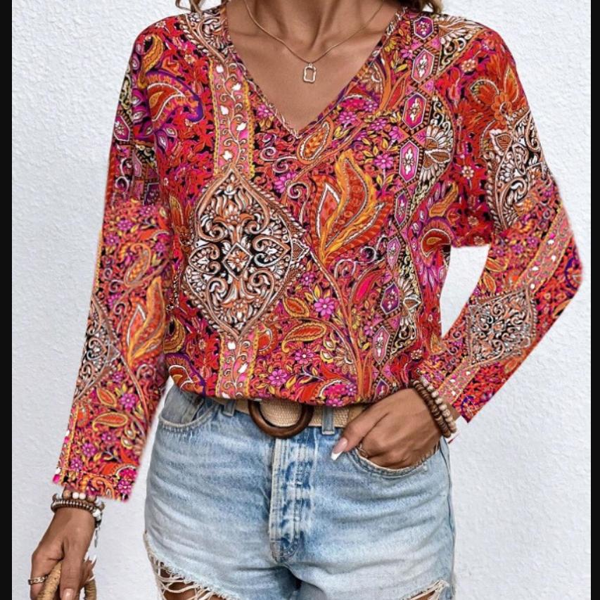 Women's Casual Sleeve Trend Printed Loose Top V-neck T-shirt