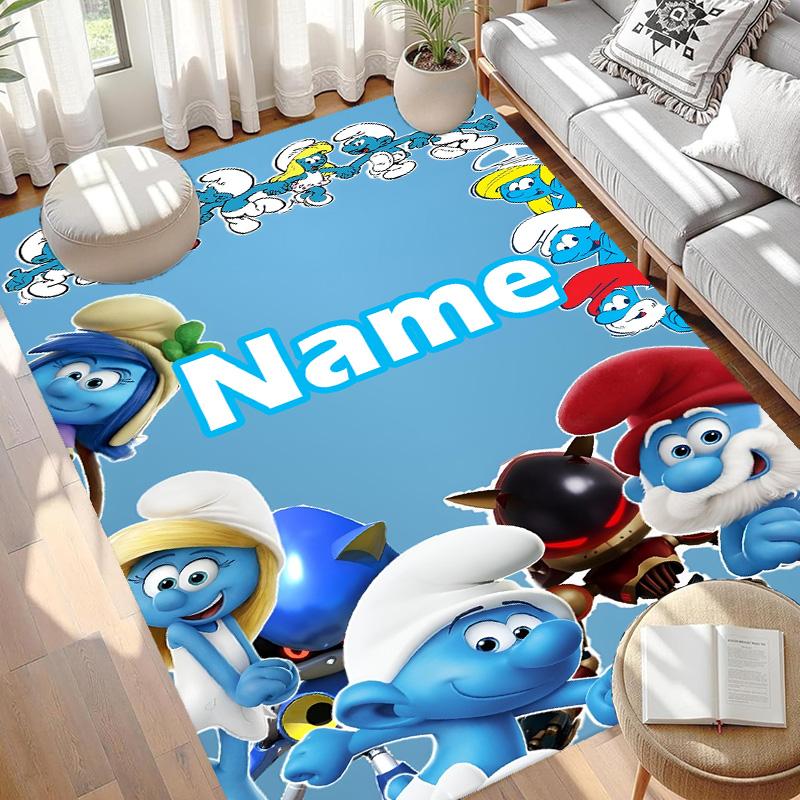 Custom Name Personalized Blue Smurfs Print Carpet, Versatile Home Decor Rug, for Playroom, Apartment, Balcony, Entryway, Hallway Gift