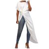 Ourlet asymétrique pour femmes, couleur unie, imprimé léopard, col rond, manches courtes amples