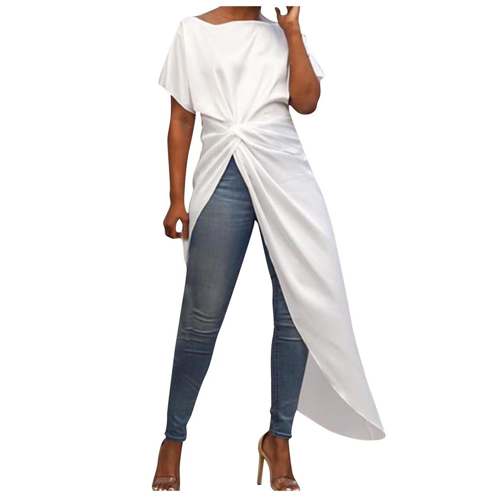 Ourlet asymétrique pour femmes, couleur unie, imprimé léopard, col rond, manches courtes amples