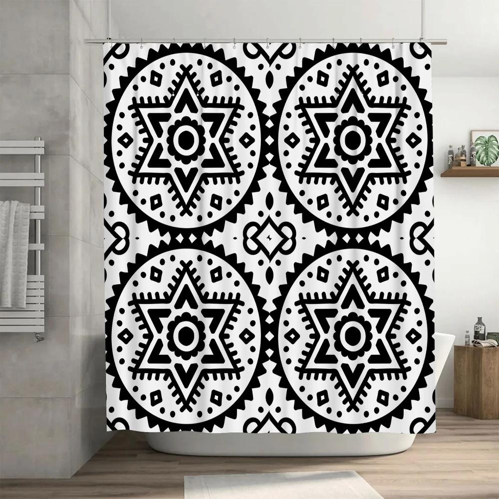 Black White Geometric Shower Curtain Set for Bathroom Decor Unique 3D Waterproof Fabric Bath Cover Panels with Metal Hooks