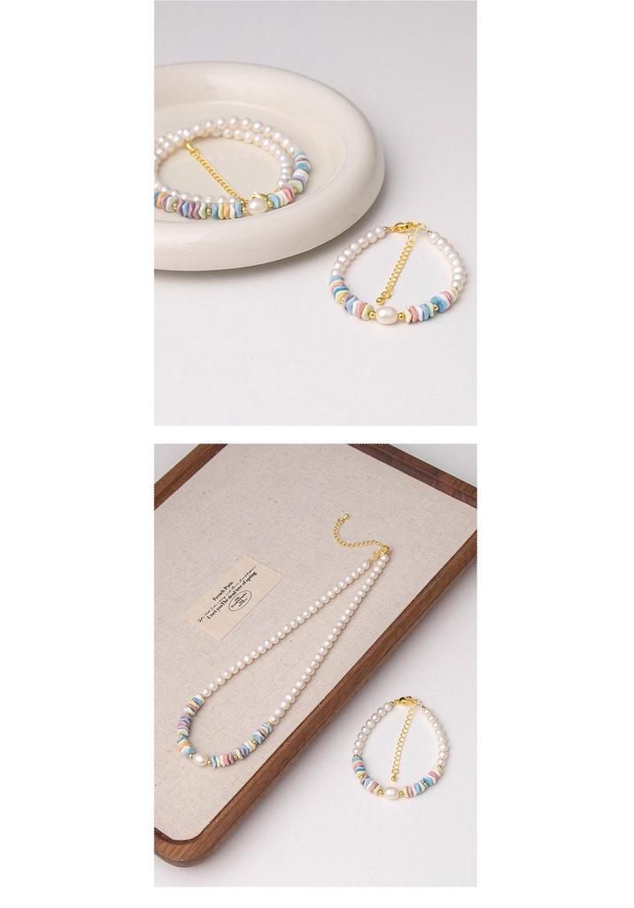 Rainbow Stone Pearl Necklace & Bracelet Set: High-End European Seaside Style for Women