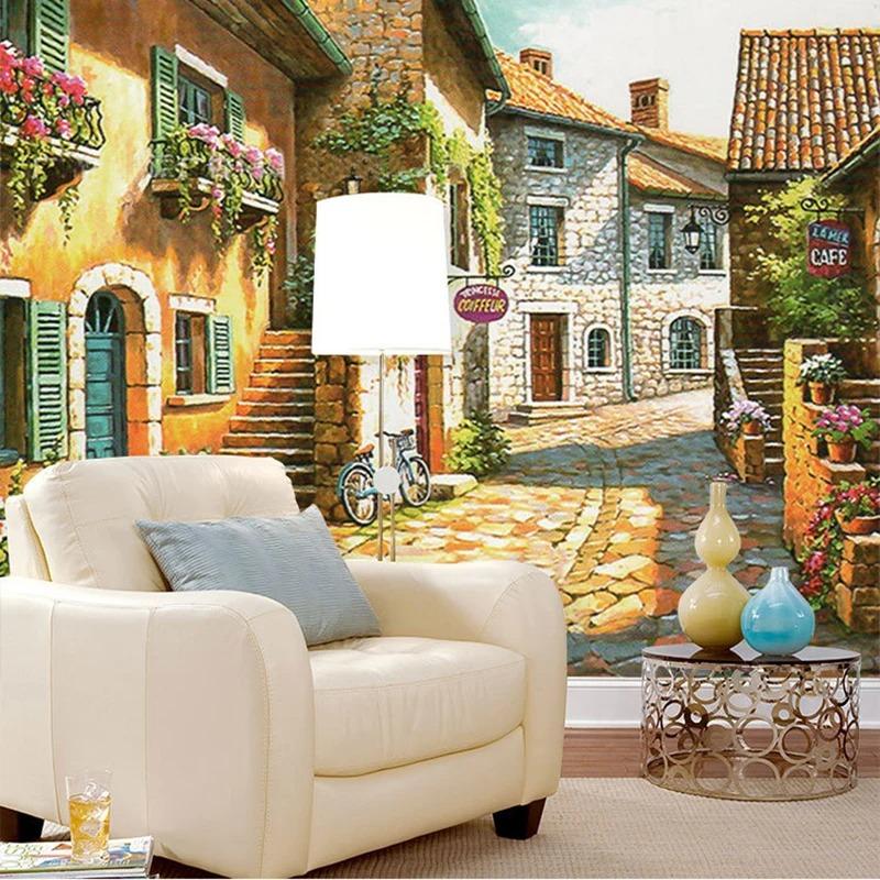Pastorale Stadt Fototapete Vintage Haus Straße Blume Wandbild für Wohnzimmer Tv Sofa Hintergrund Tapeten