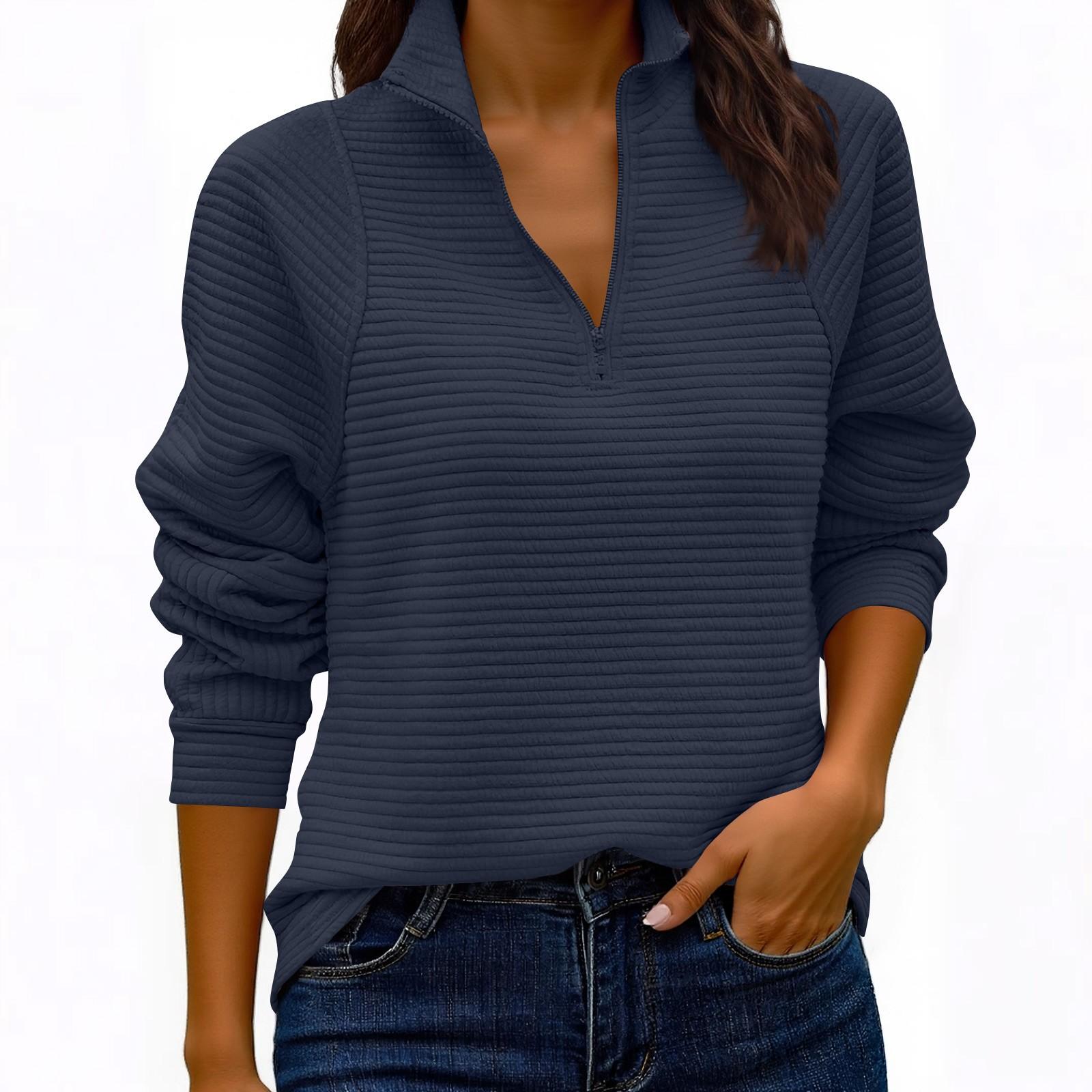 

Женский модный однотонный трикотажный свитшот с воротником-стойкой M тёмно-синий