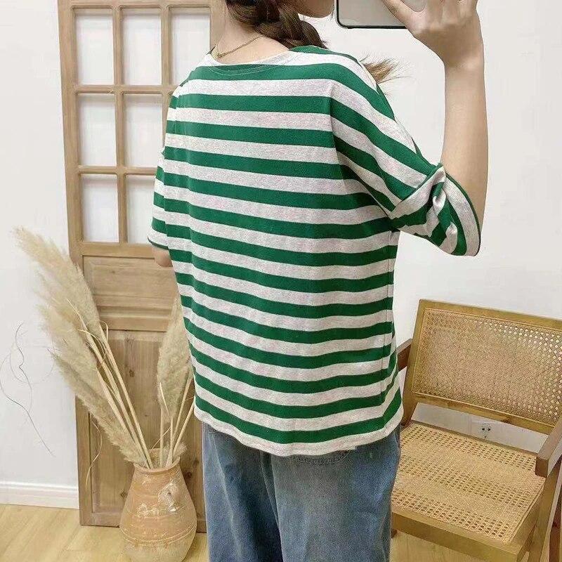 Johnature Casual Striped Women Tops Summer Loose O-neck Short Sleeve Simple Pullover Female T-Shirts