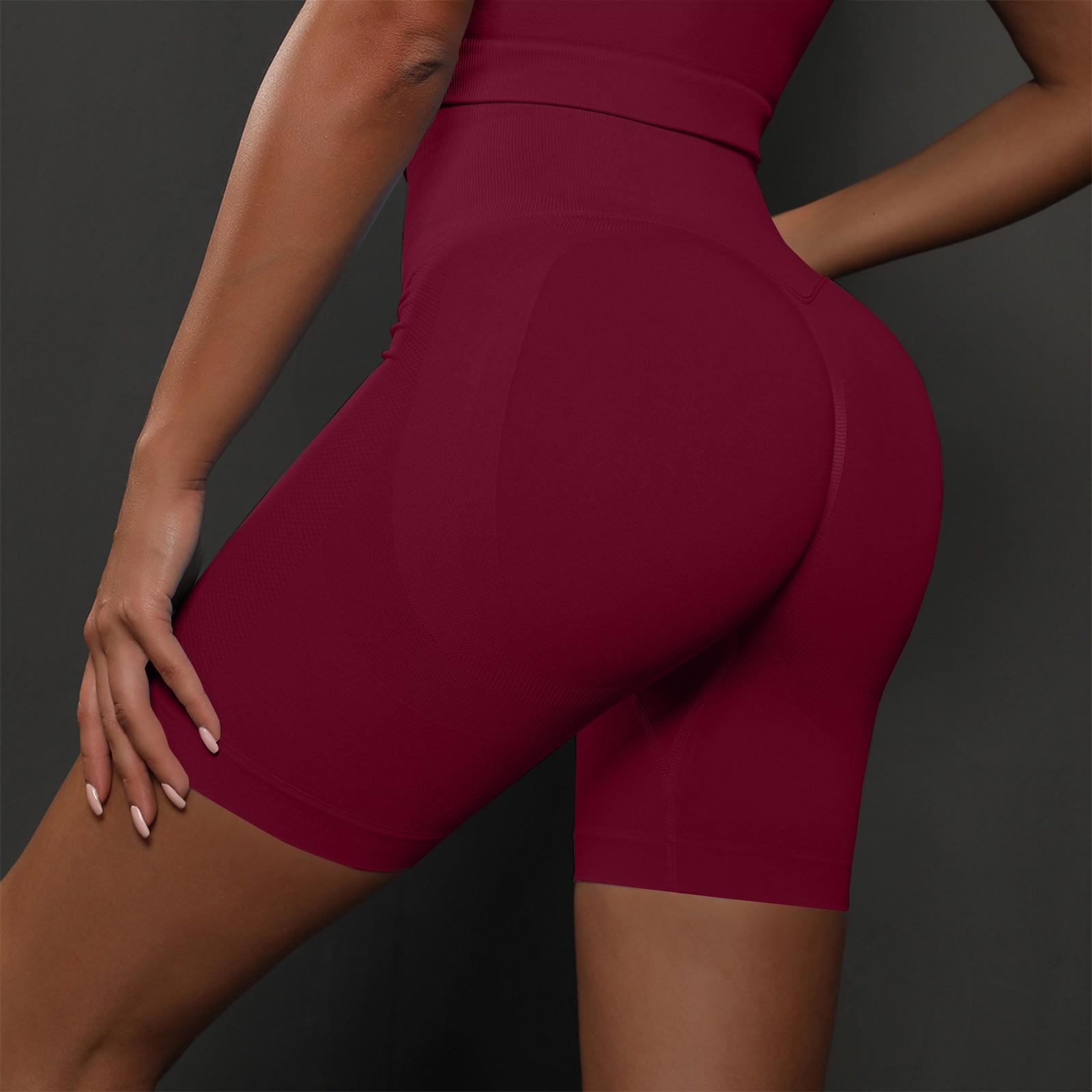

Женские бесшовные штаны для йоги персикового цвета, шорты для фитнеса для бега, однотонные шорты, дышащие шорты L винный