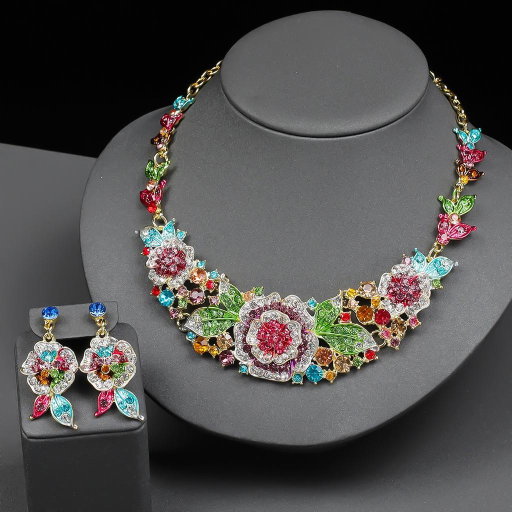 3pcs Luxurious Flower Rhinestone Bridal Zircon Set Exquisite Heavy Industry Dance Party Necklace Earring Decoration