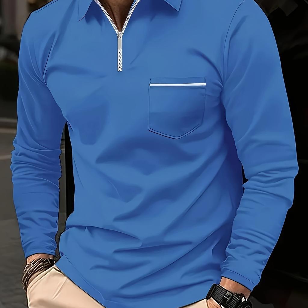Men's Long-Sleeve Polo Shirt with Zipper Pocket - Casual Fit for Spring/Autumn